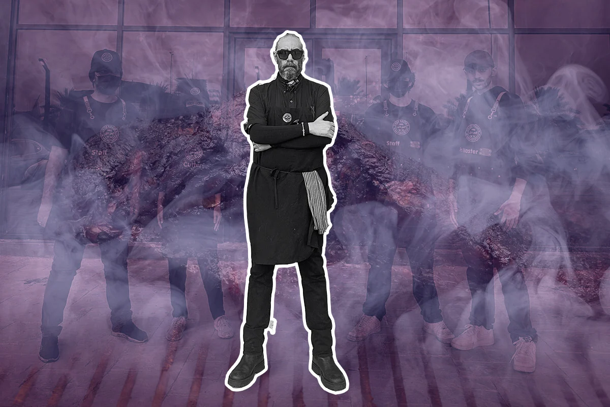 Chef Khalil pictured against a purple-toned restaurant collage.