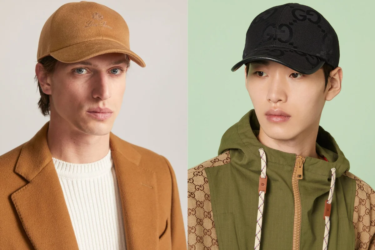 Three models wear luxury baseball caps in neutral colors.