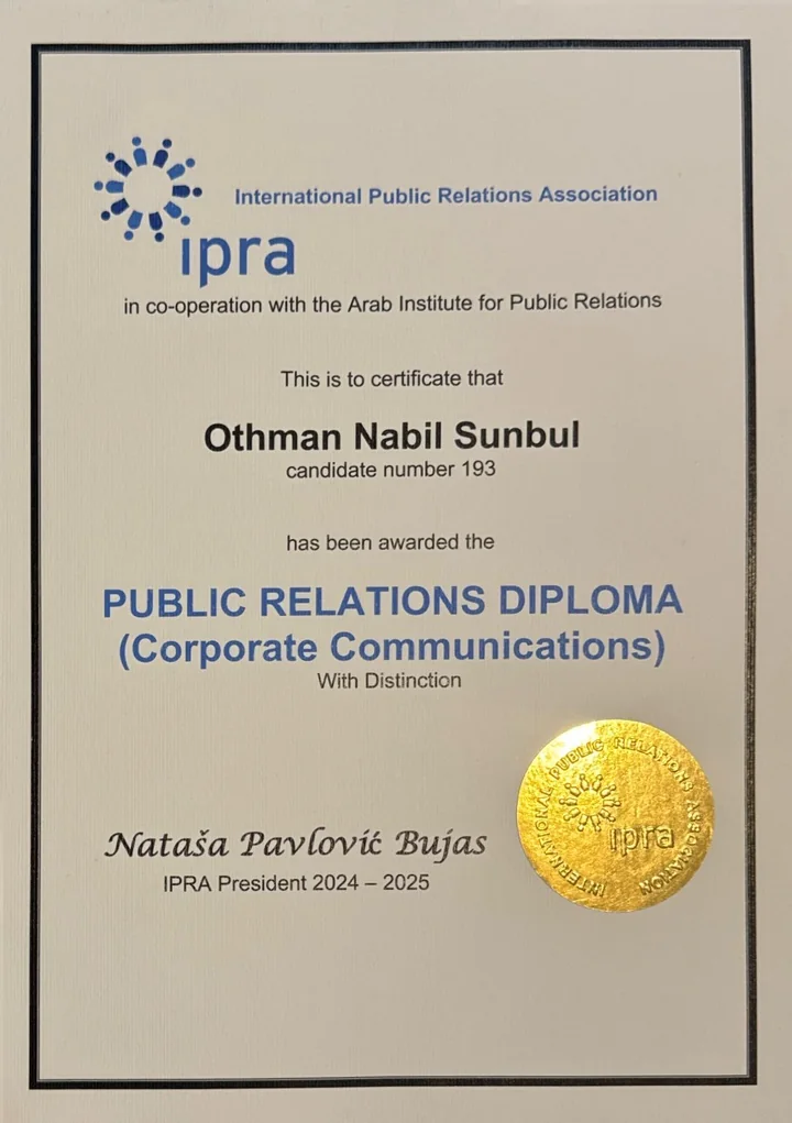 Othman Sunbul's IPRA Public Relations Diploma certificate